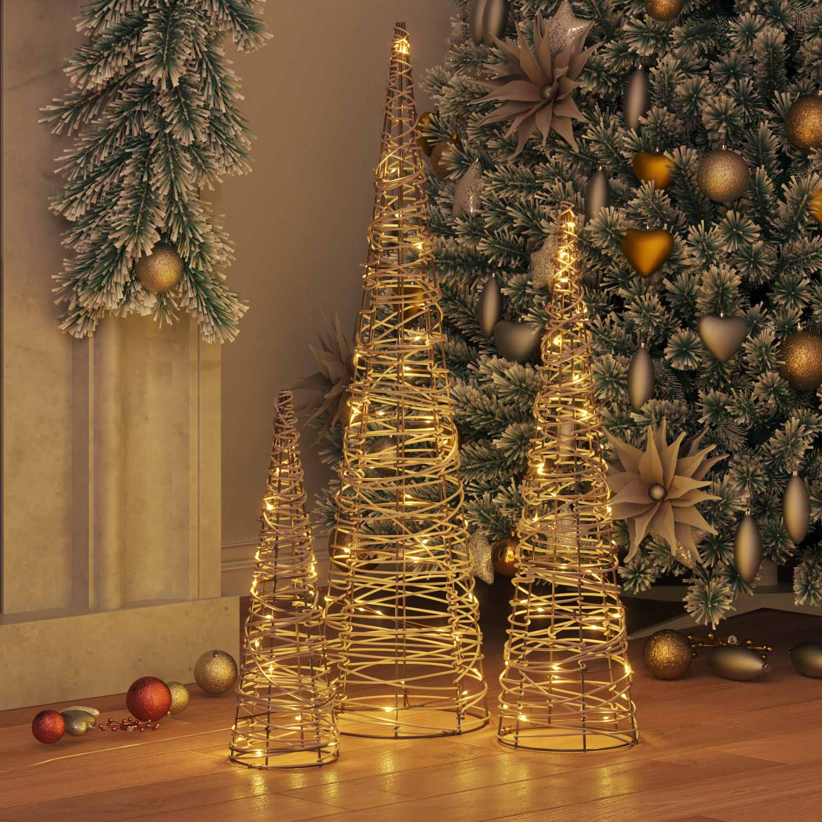 Vidaxl kerstboom met 90 led 3 pcs warmwit 20 x 20 x 80 cm rattan