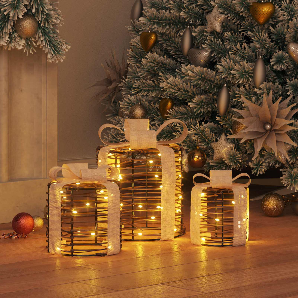 Vidaxl cadeau doos decoratie 3 st warmwit 20 x 20 x 20 cm rattan