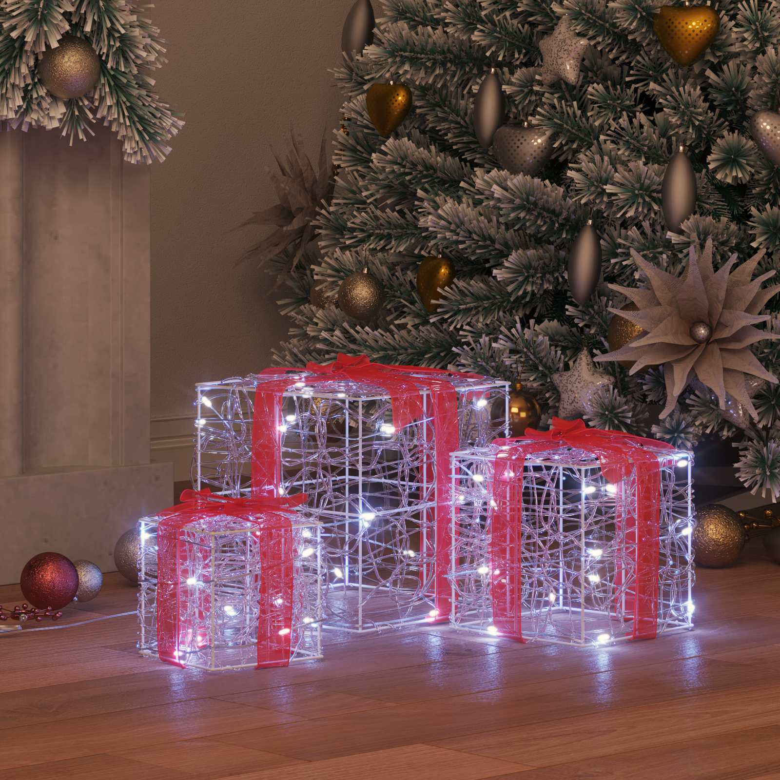 Vidaxl cadeau doos met 60 led 3 pcs koudwit 20 x 20 x 20 cm acryl