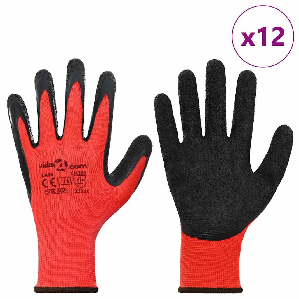 Vidaxl werkhandschoenen 12 pcs rood en zwart 8 m latexcoating