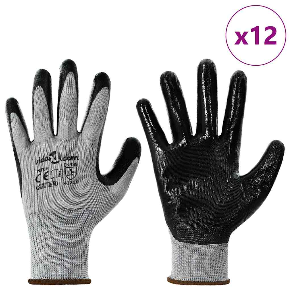 Vidaxl werkhandschoenen 12 pcs grijs en zwart 8 m polyester