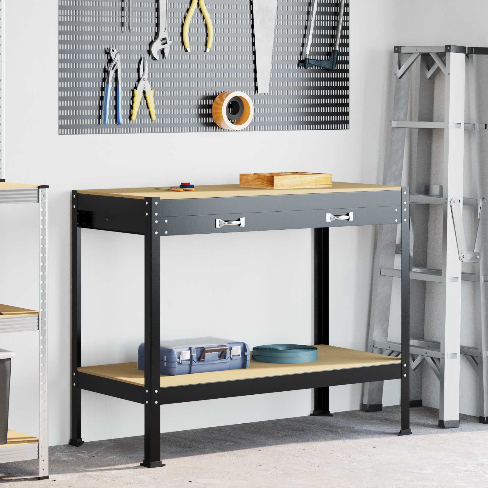 Vidaxl werkbanken met lade zwart 114 x 54 x 91 cm bewerkt hout
