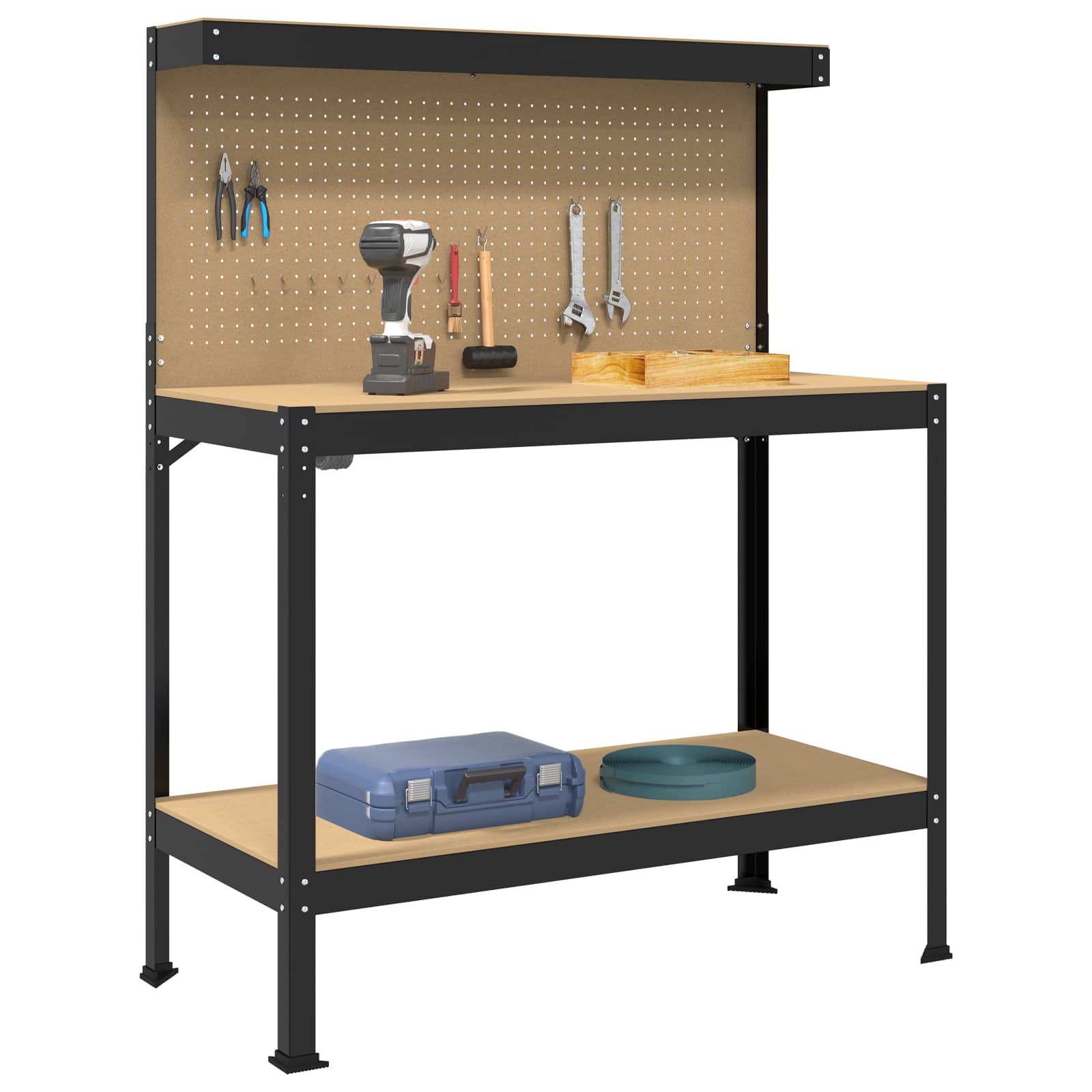 Vidaxl werkbanken met plank zwart 114 x 54 x 145 cm bewerkt hout