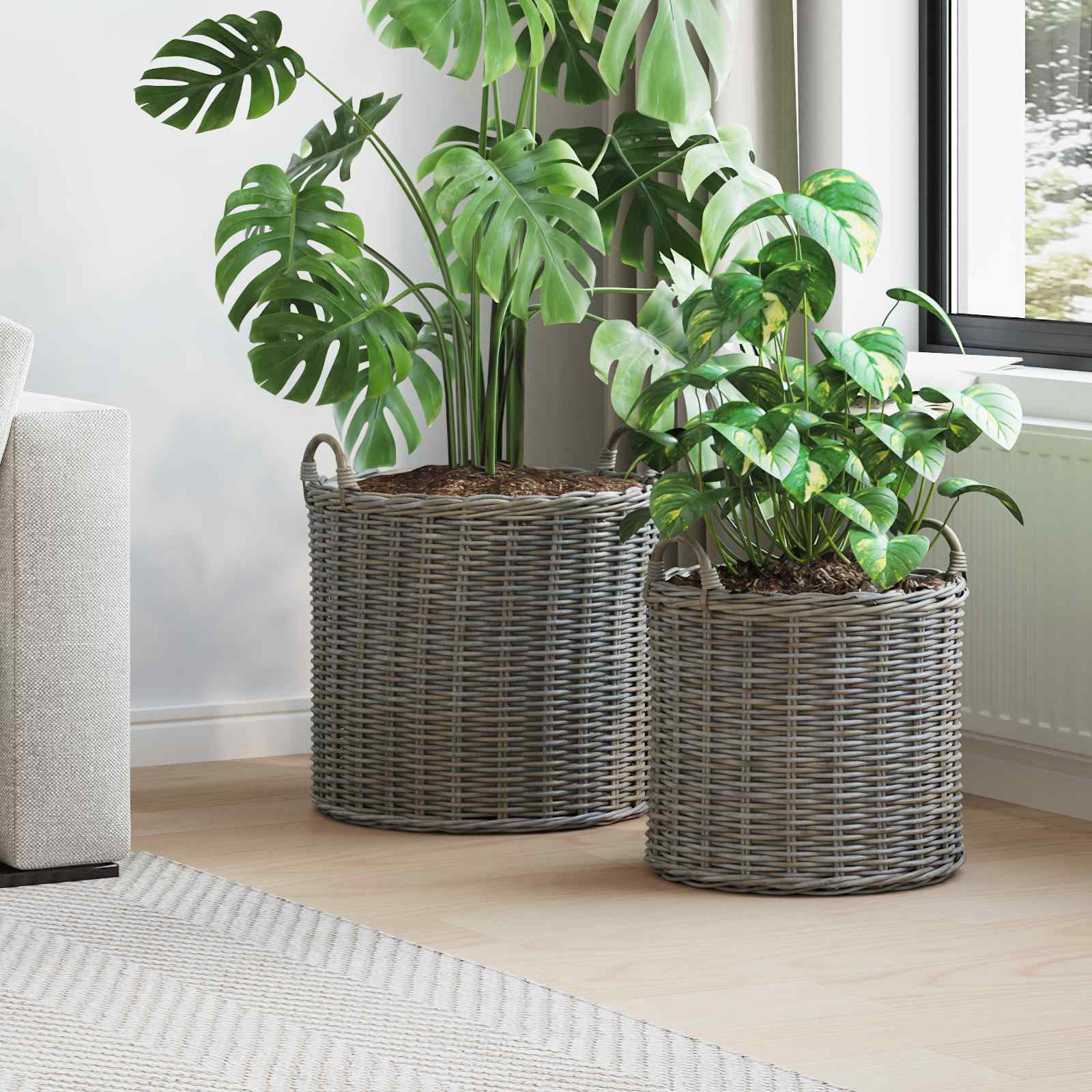 Vidaxl plantermand met opslag 2 pcs grijs lacak riet