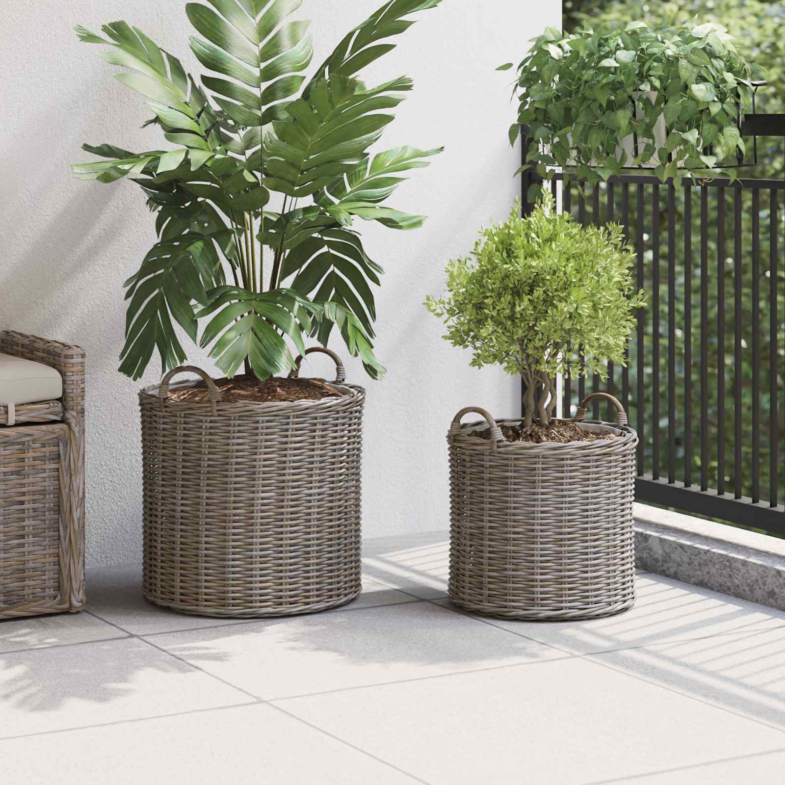 Vidaxl plantermand met opslag 2 pcs grijs lacak riet