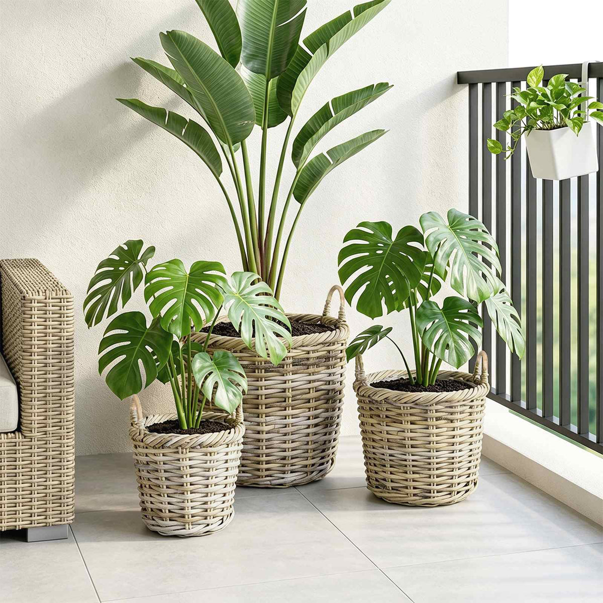 Vidaxl plantenmand met opslag gendt 3 st natuurlijk grijs kubu rattan