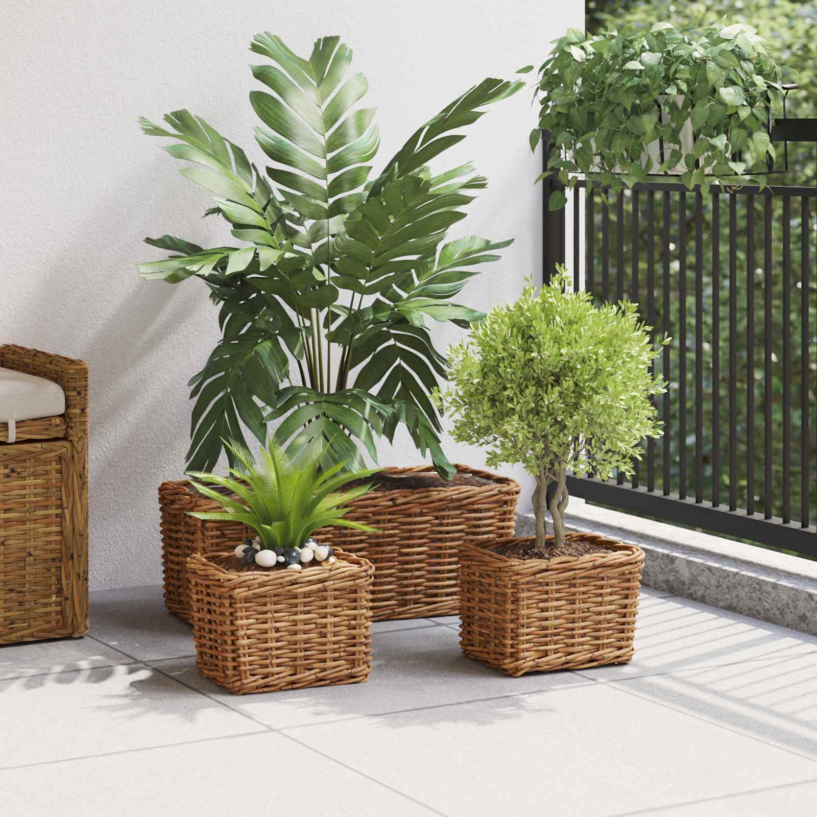 Vidaxl plantenmand met opslag 3 pcs bruin kubu rattan