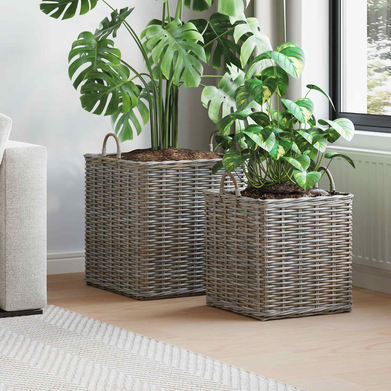 Vidaxl plantenmand met opslag 2 pcs grijs lacak riet