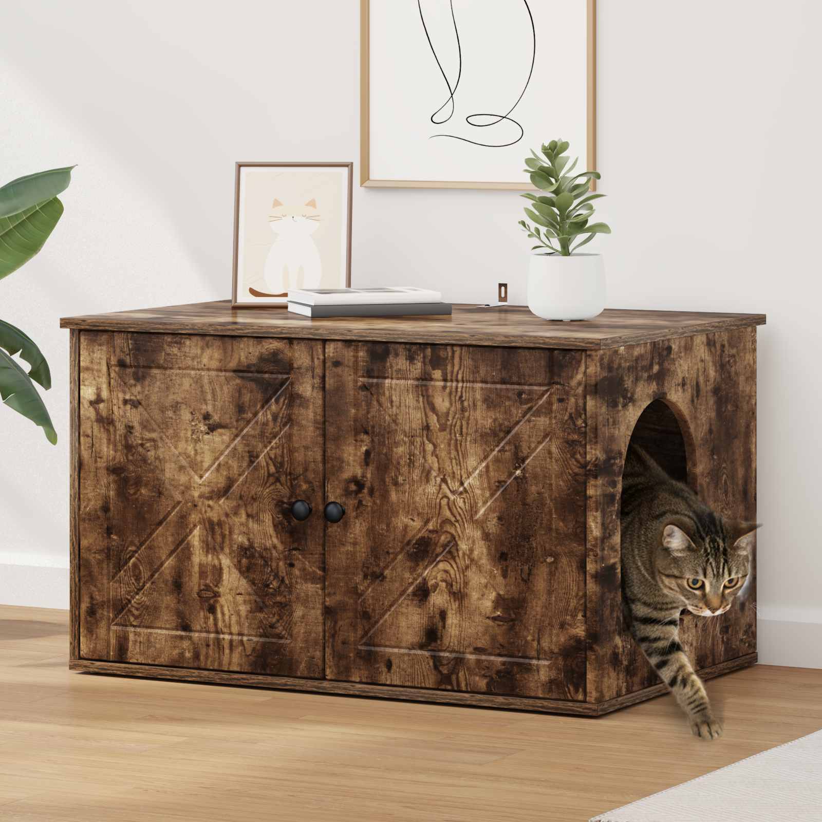 Vidaxl kattenhuis gerookt eiken 85 x 55 x 50 cm bewerkt hout