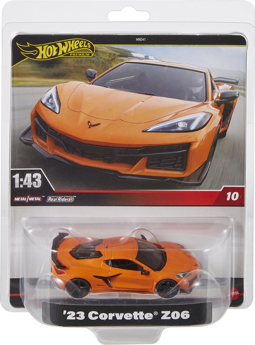 Hot wheels premium 1:43rd '23 corvette z06 vehicle, auto, 3 jaar, metaal, zwart, oranje
