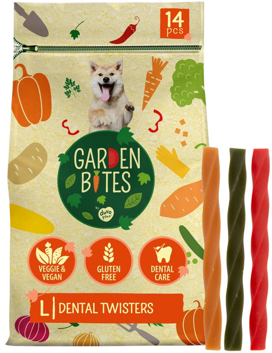 Garden bites duvoplus - dental twisters hondensnacks - hondensnoepjes - vegetarisch glutenvrij - large 14st