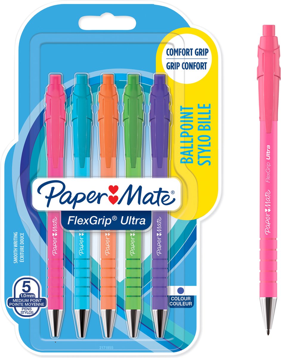 Paper mate flexgrip ultra-balpennen met retrokleuren | medium punt (1,0 mm) | blauwe inkt | 5 stuks