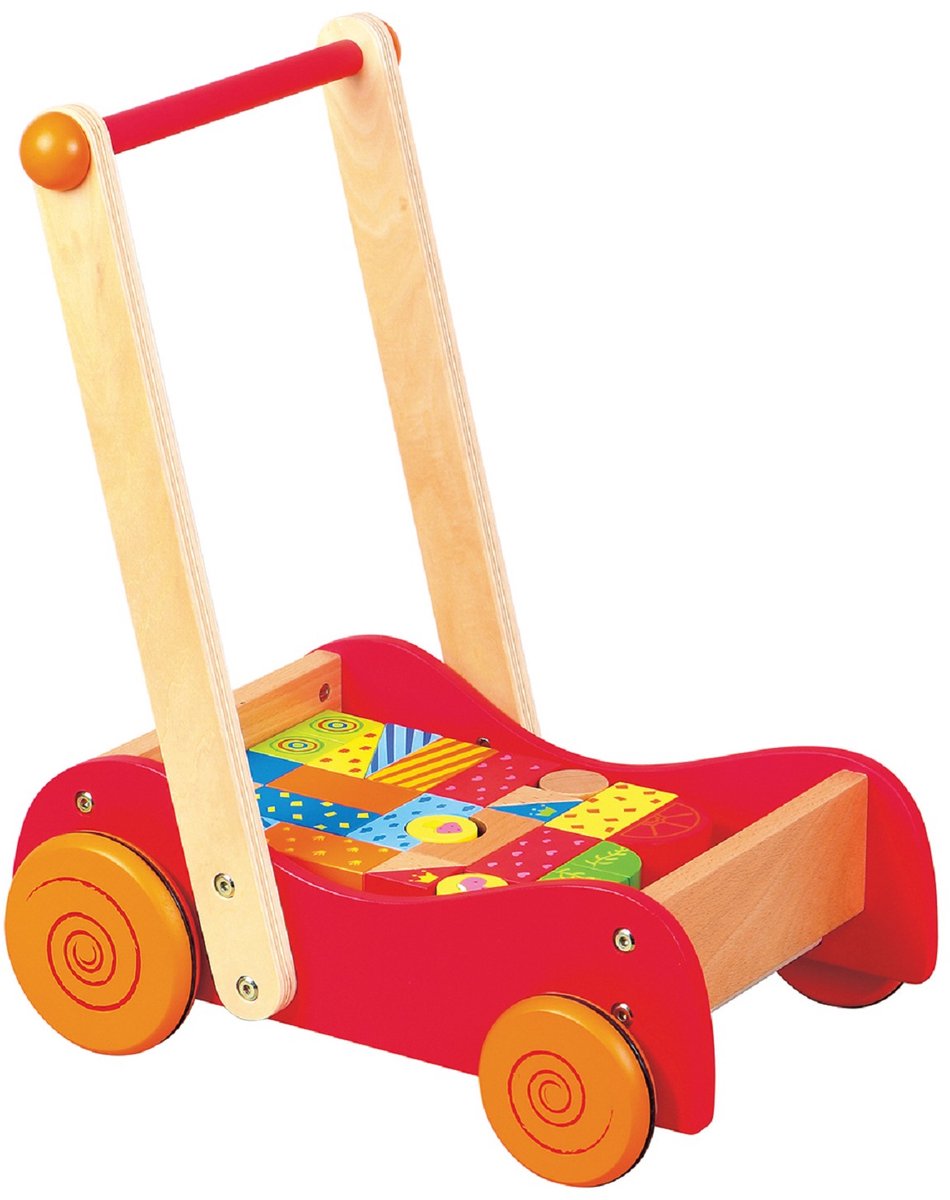 Lelin toys lelin® houten loopwagen met 30 blokken – houten speelgoed voor leren lopen en stapelen – vanaf 1 jaar