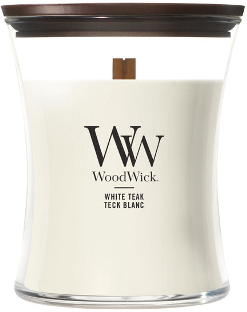 Woodwick hourglass medium geurkaars - white teak - 60 branduren
