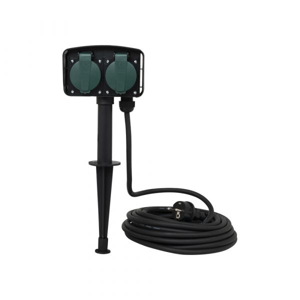 Vb extend dubbele tuincontactdoos op spies - 10 meter geaard snoer - zwart groen