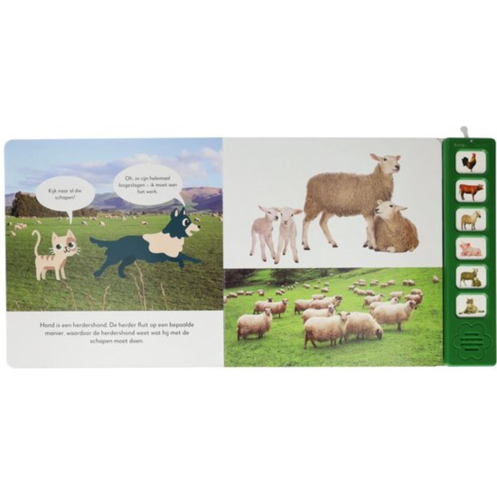 Luisteren naar boerderijdieren geluidenboek