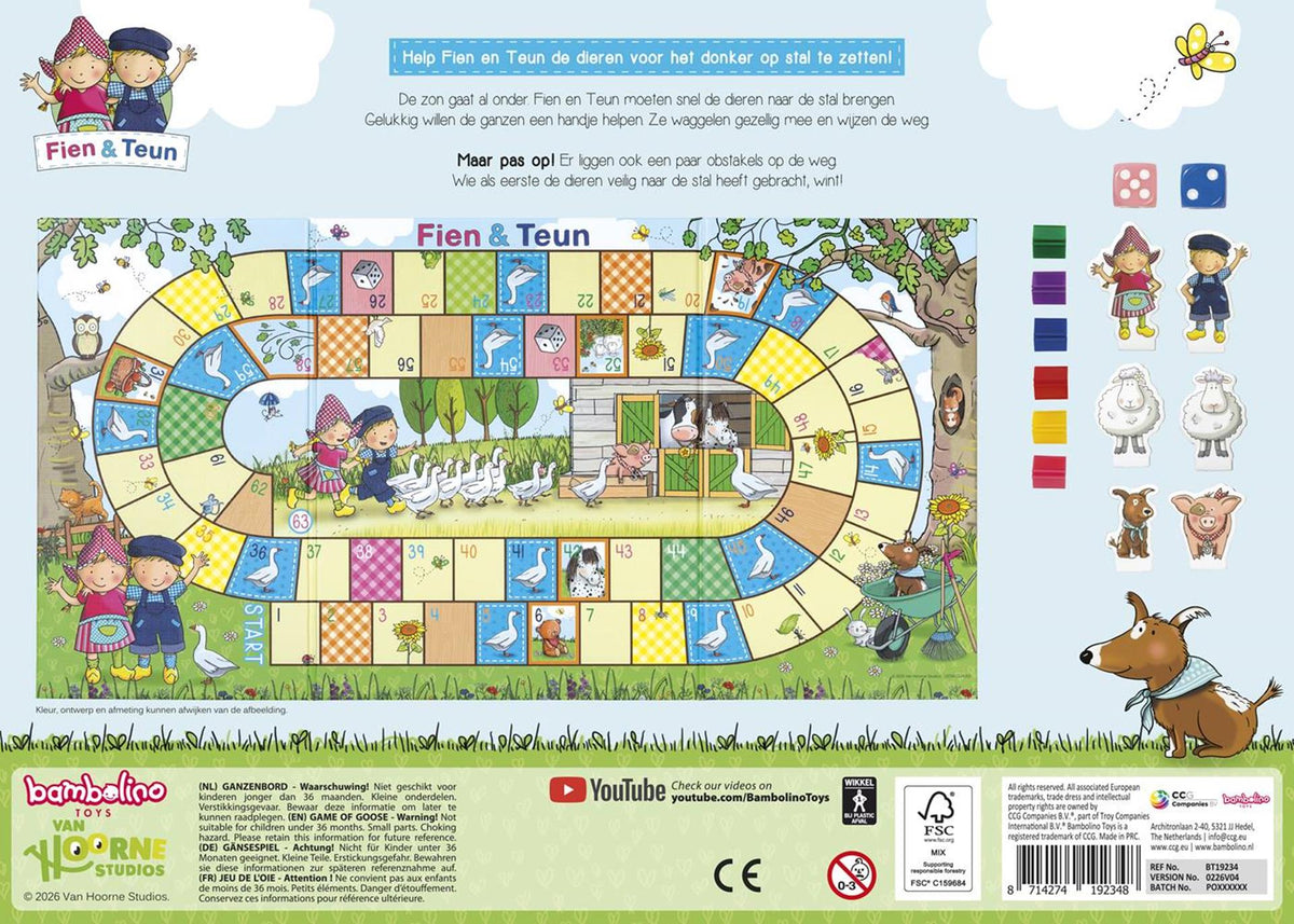 Fien teun ganzenbord - educatief peuter speelgoed - gezelschaps spel bordspel - boerderij thema - bambolino toys - vanaf 4 jaar cadeautip
