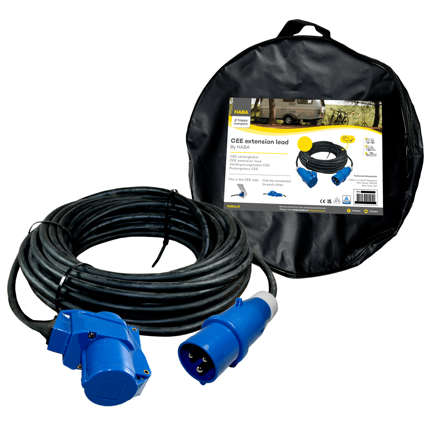 Ngk verleabel 40 meter neopreen 3x 1.5mm² - cee stekker en haakse koppeling - in tas