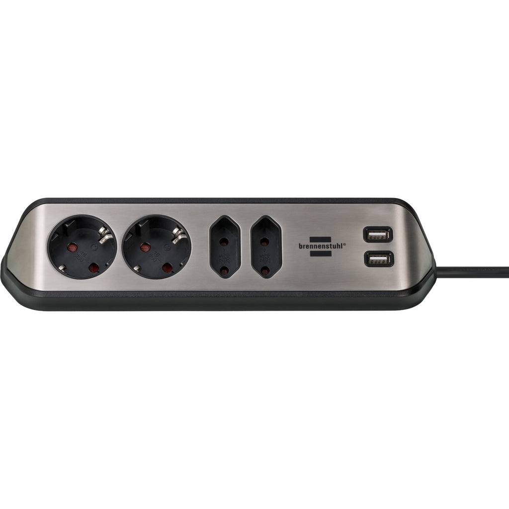 Brennenstuhl estilo hoekstekkerdoos 4-voudig stekkerdoos (zwart roestvrij staal, 2x usb)