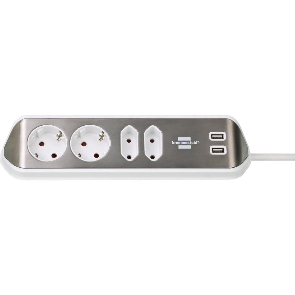 Brennenstuhl estilo hoekstekkerdoos 4-voudig stekkerdoos (wit roestvrij staal, 2x usb)