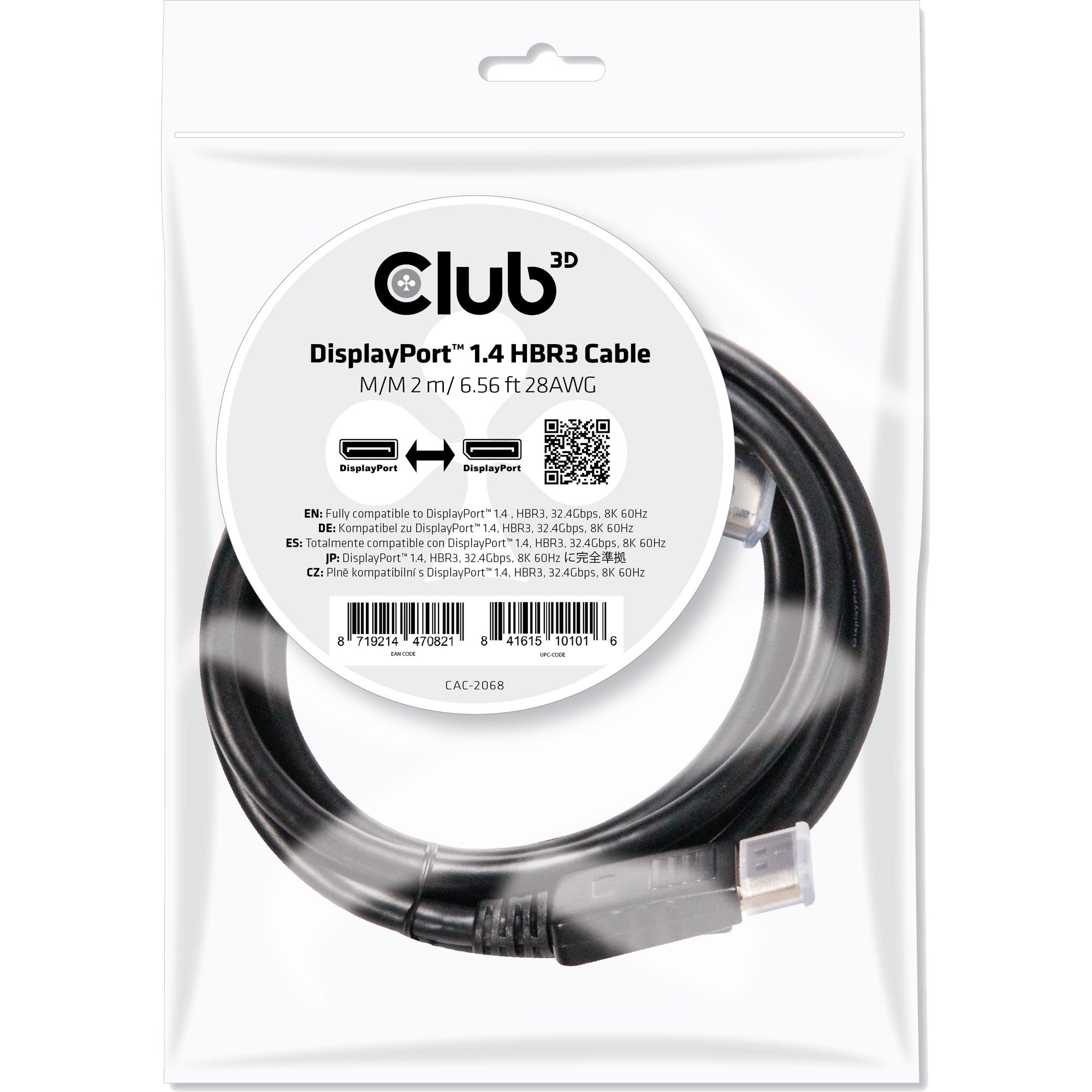 Club 3d displayport 1.4 - displayport 1.4 male-male kabel (zwart, 2 meter)