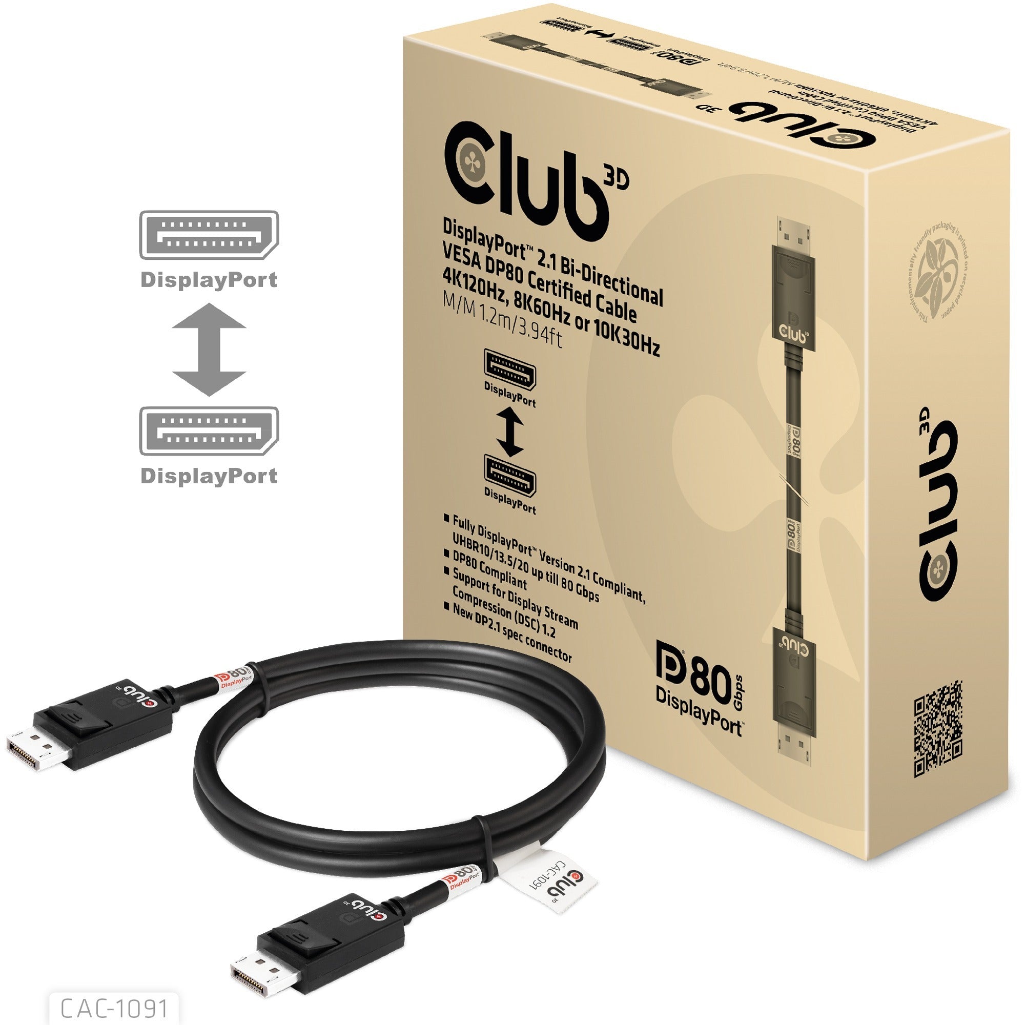 Club 3d displayport 2.1 bi-directional vesa dp80 certified kabel 4k 240 hz (zwart, 1,2 meter)
