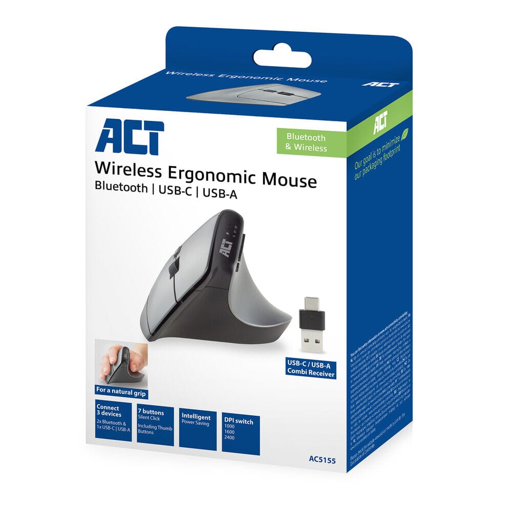 ACT Connectivity Kabellose ergonomische Maus mit Bluetooth und USB-C