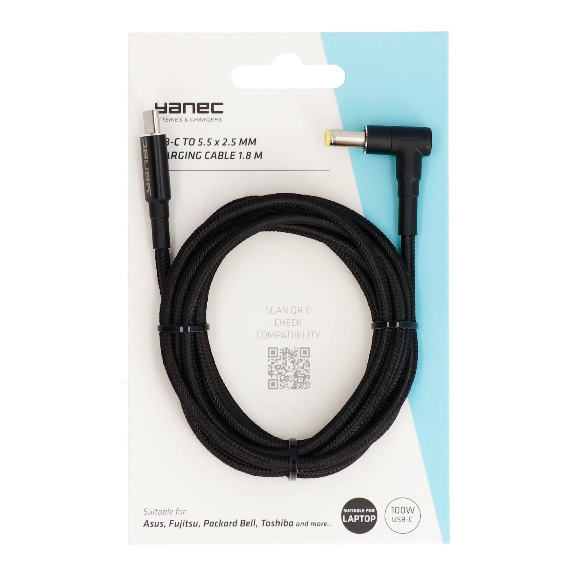 Yanec usb-c naar 5.5 x 2.5 mm laadkabel 1.8m