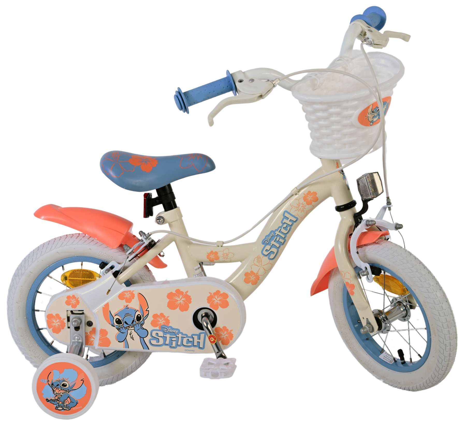 Stich disney stitch kinderfiets - meisjes - 12 inch - twee handremmen - crème koraal blauw