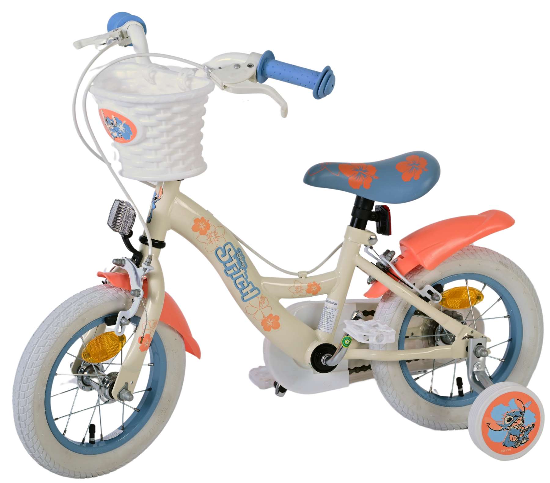 Stich disney stitch kinderfiets - meisjes - 12 inch - twee handremmen - crème koraal blauw