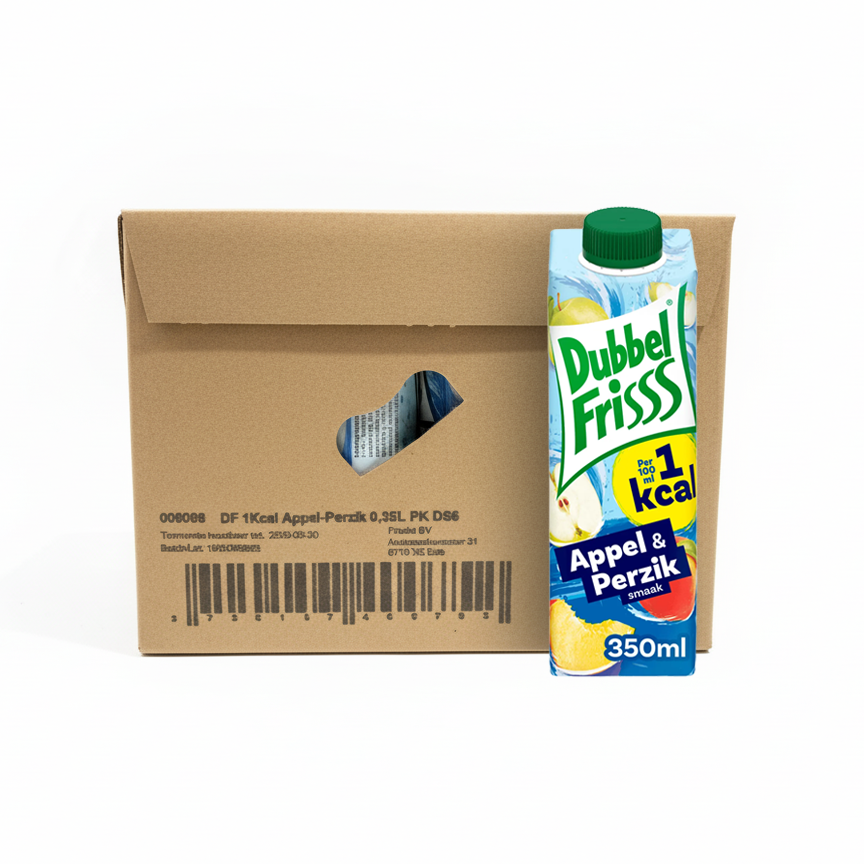 Dubbelfrisss 1kcal appel perzik pak (8x 350ml)