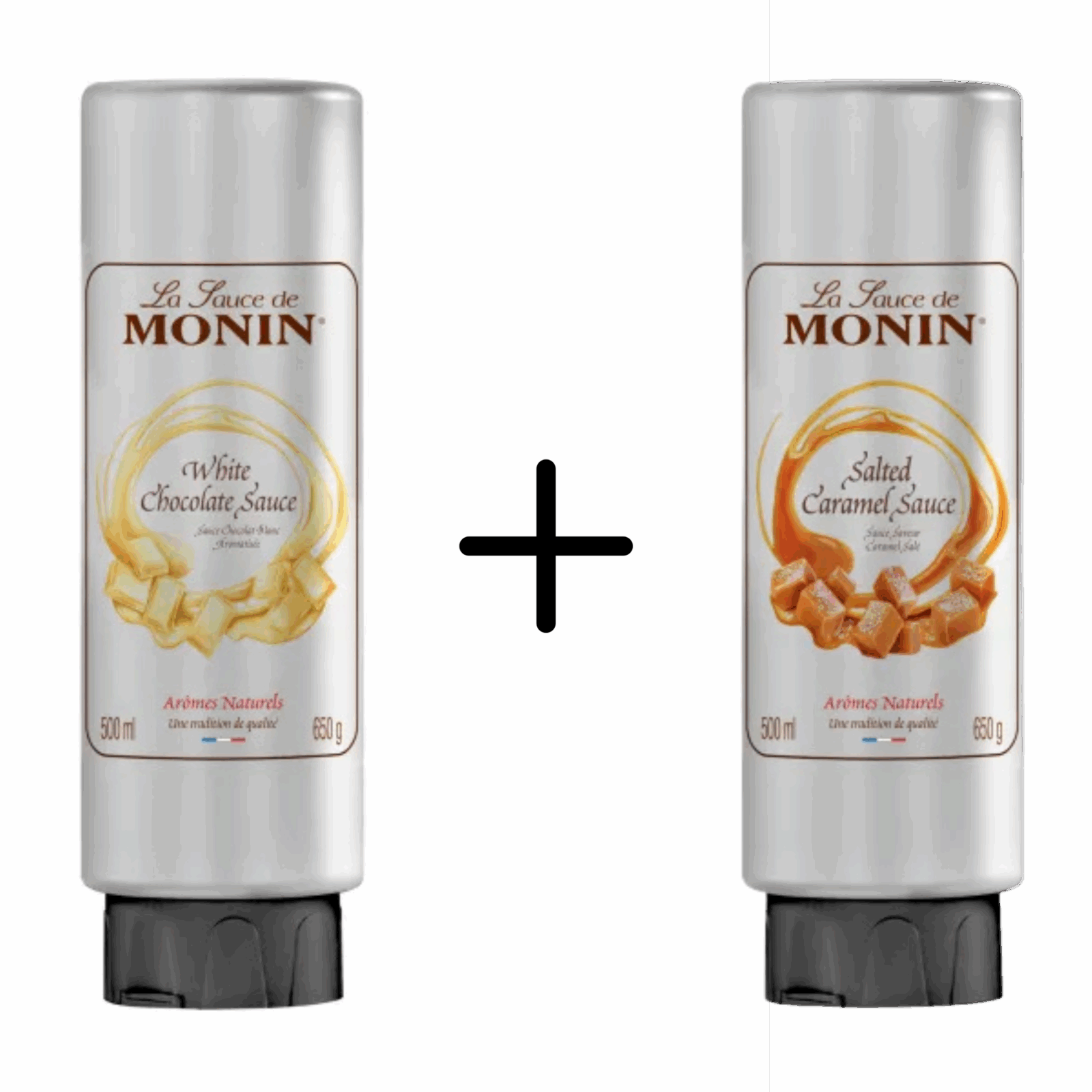 Monin topping witte chocolade + topping salted caramel