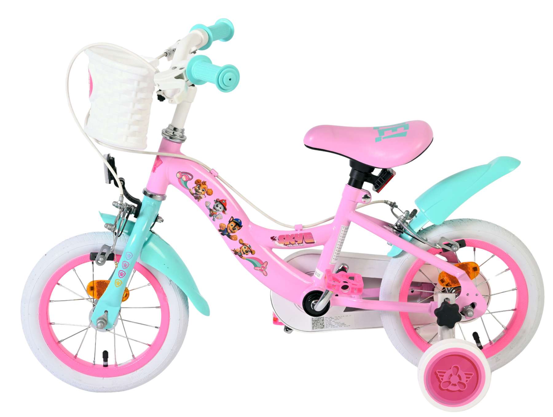 Volare paw patrol kinderfiets - meisjes - 12 inch - roze - twee handremmen