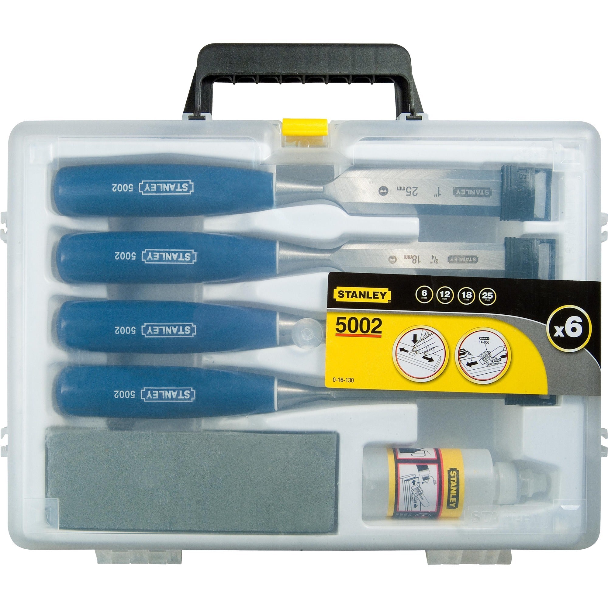 Stanley handgereedschap houtbeitelset 6-delig (6, 12, 18, 25 mm + olie slijpsteen) - 0-16-130