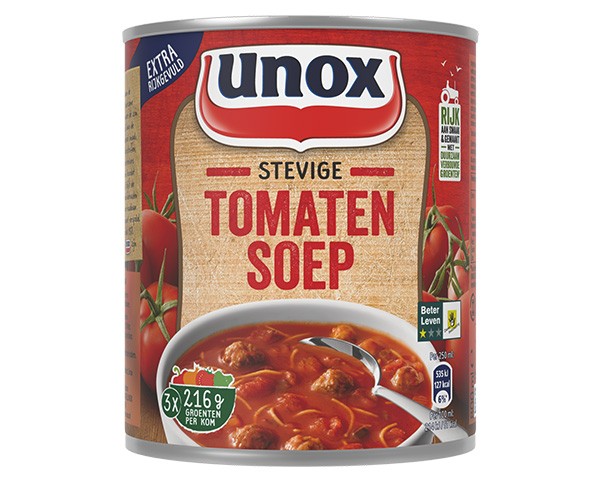 Unox soep in blik - stevige tomatensoep - gemaakt met soepballen van vlees, vermicelli en lekker veel groenten - 12 x 800 ml