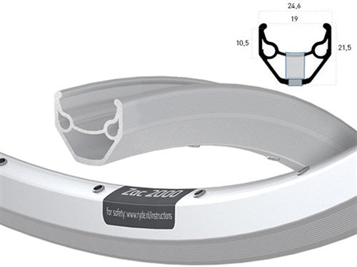 Ryde velg 26 inch 559 zac2000 zilver gesleten zijkant dubbel bus 36