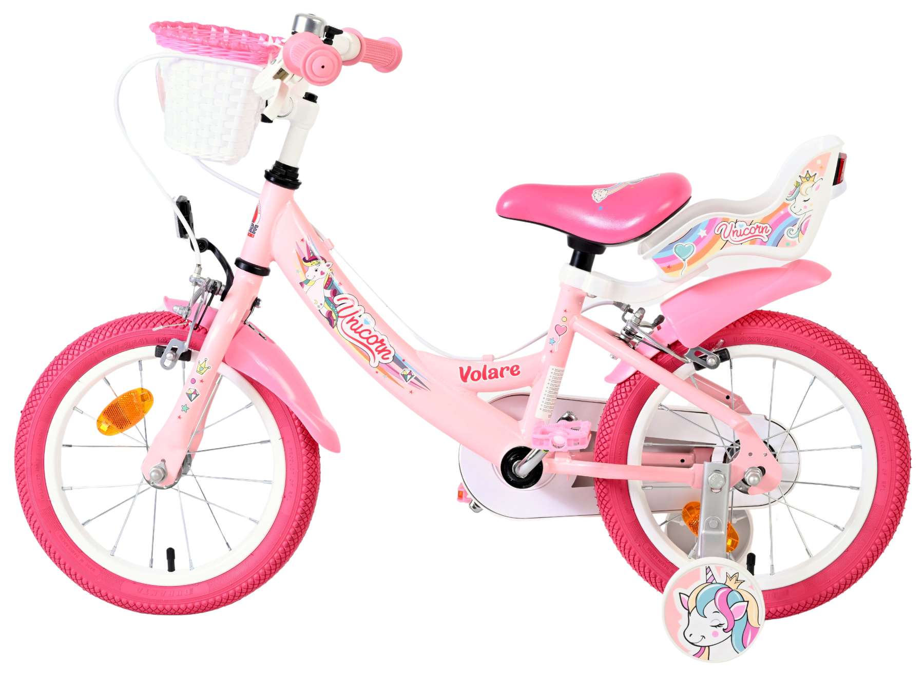 Volare unicorn kinderfiets - meisjes - 14 inch - roze - twee handremmen