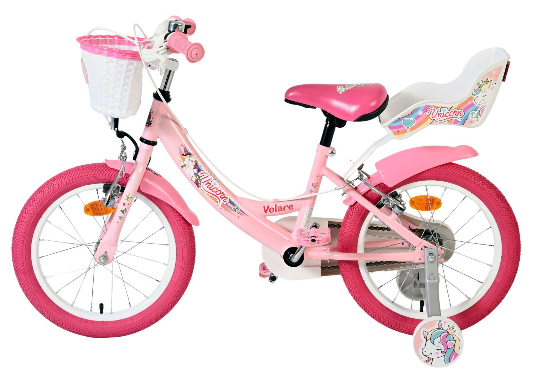 Volare Unicorn Kinderfahrrad - Mädchen - 16 Zoll - Rosa - Zwei Handbremsen