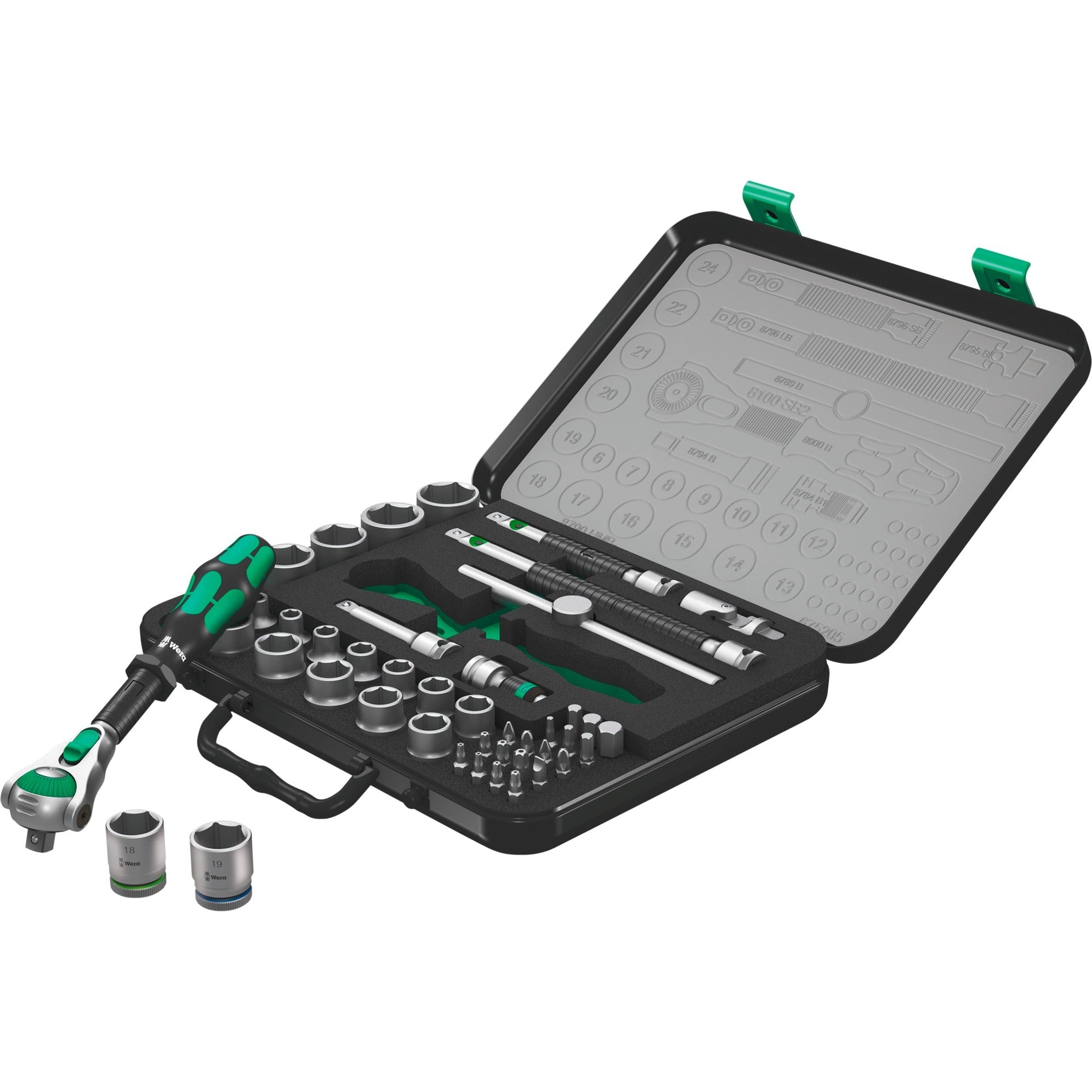 Wera 8100 sa sc 2 zyklop doppenset gereedschapsset (zwart groen, 43-delig, snelheidsratel met draaibare kop)