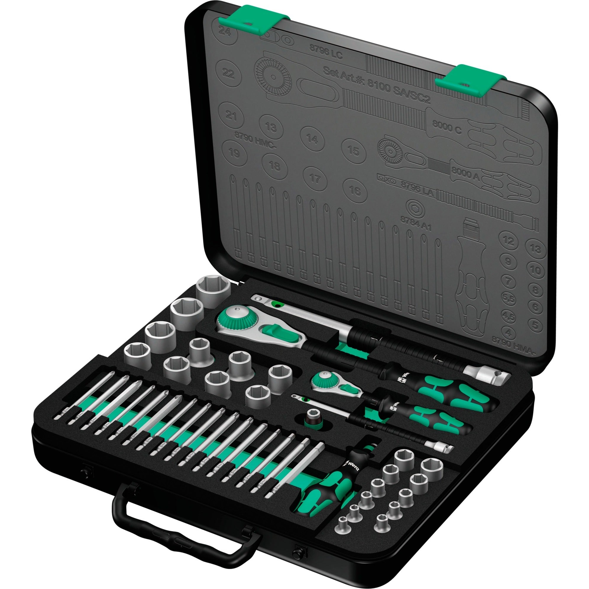 Wera 8100 sa sc 2 zyklop doppenset gereedschapsset (zwart groen, 43-delig, snelheidsratel met draaibare kop)
