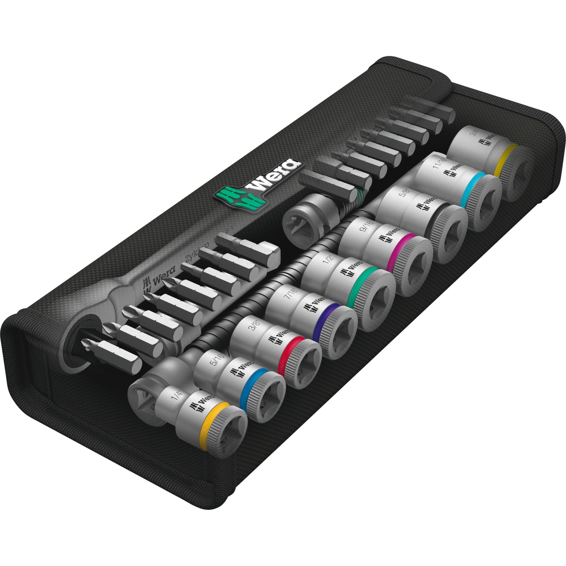 Wera 8100 sb 11 zyklop metalen ratelset, 3 8 gereedschapsset (zwart groen, 29-delig, volledig metalen ratel met vierkantaandrijving)