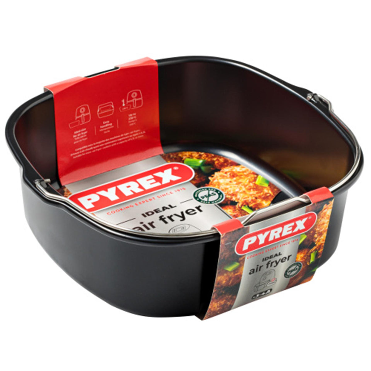 Pyrex metalen mand bak met handvat voor air fryer 22x21 cm vierkant