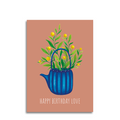 Art by andu wenskaart terracotta tea pot blue stripes