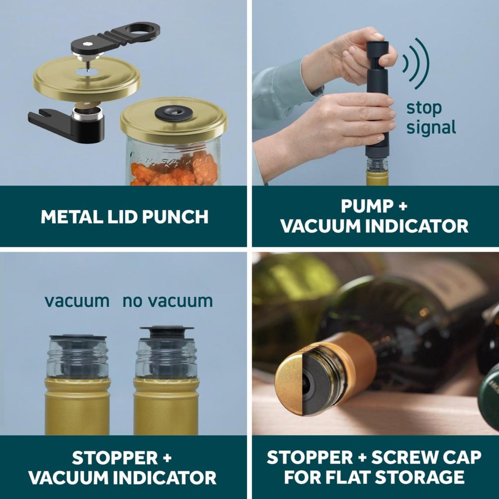 Airtender vacuümpompset voedsel en wijn - vacuümpomp en 6 stoppers + dekselstans