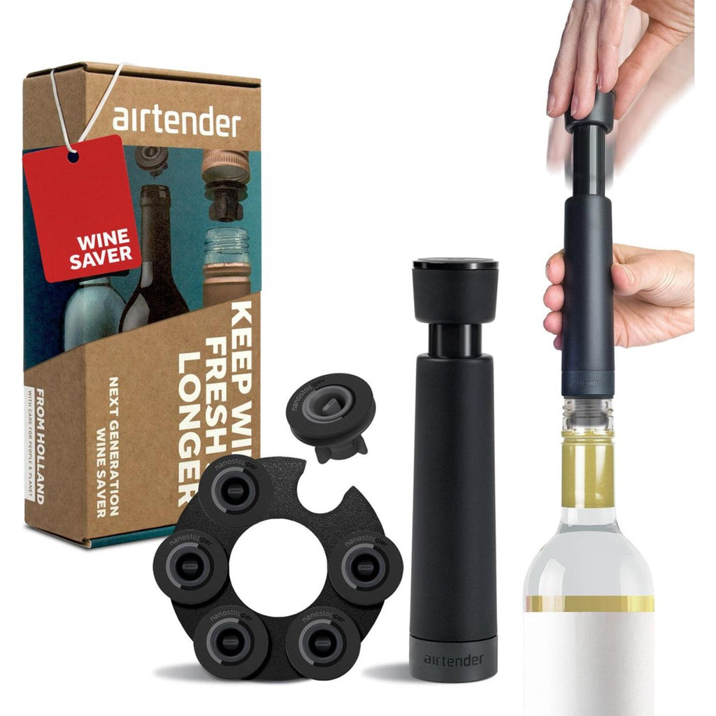 Airtender wijn vacuümpomp met 6 wijnstoppers + bewaarclip in cadeaudoos
