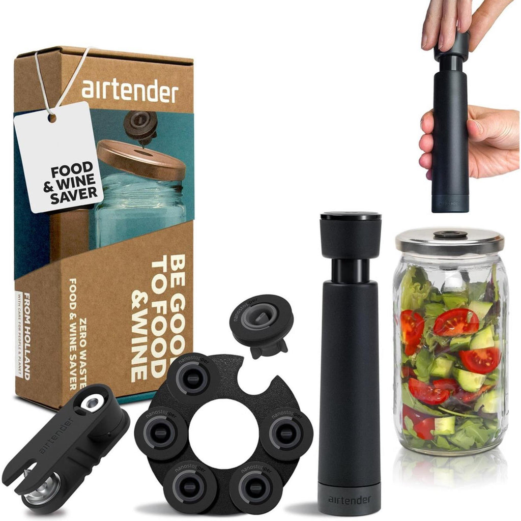 Airtender voedsel wijn - vacuümpomp en 6 stoppers + dekselstans in cadeaudoos