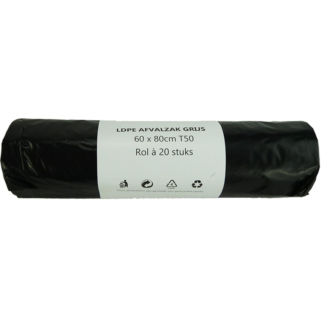 Afvalzak 60l grijs 20 stuks op rol 60x80cm dikte 50mu