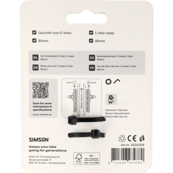 Rema tip top nederland b.v. simson remblokken e-bike v-brake 80mm