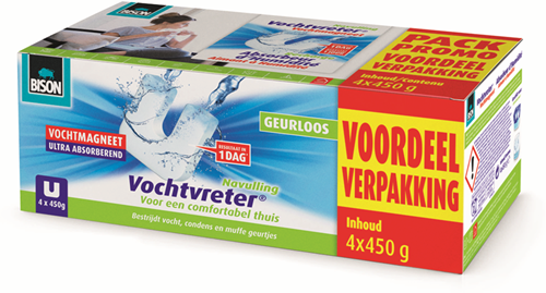 Bison vochtvreter® magneet voordeelverpakking 4x 450g - parfumvrije navulling voor vochtvreter® apparaat, bestrijd hoge luchtvochtigheid in woonruimtes, ook geschikt voor caravans en campers