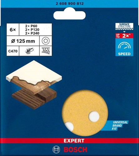 Bosch accessoires expert c470 schuurpapier voor excenterschuurmachines 125 mm, 8 gaten, k60 120 240 6-delig - 2608900812